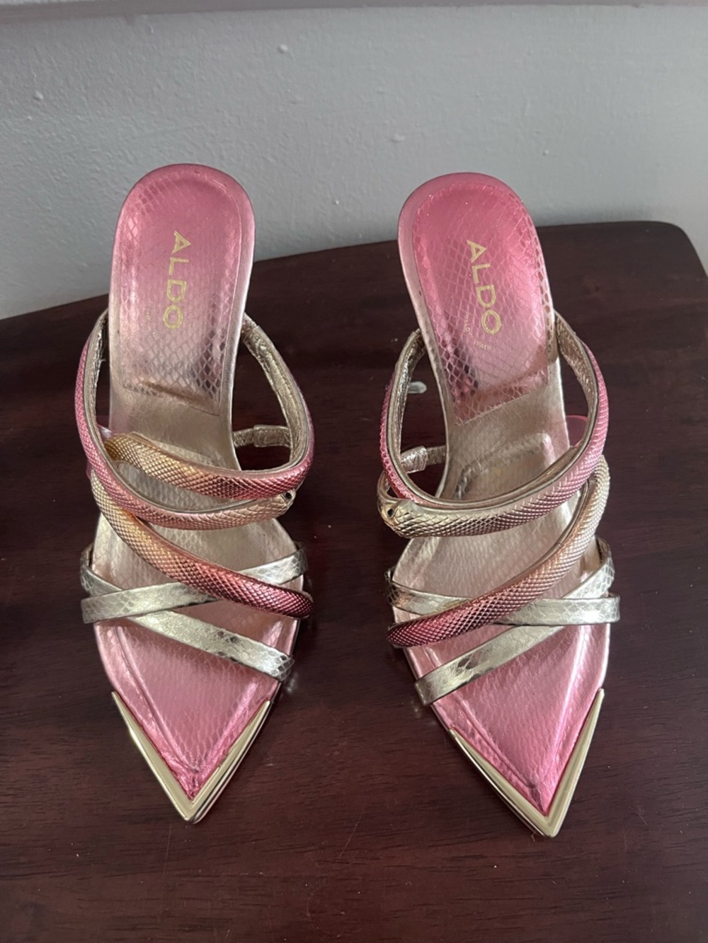 Aldo Pink and Gold Metallic Strappy Stiletto Sandals